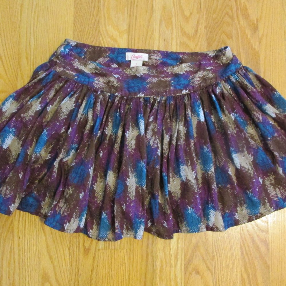CANDIES JUNIOR'S SIZE 7 SKIRT BROWN, TAN, PURPLE, TURQUOISE, & WHITE HERRINGBONE